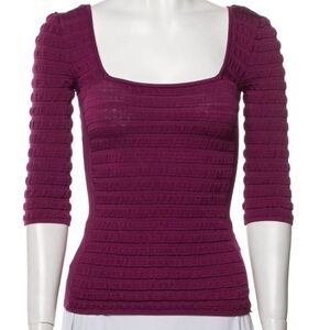 Ronny Kobo Purple Textured Crop Top Size M 3/4 Sleeve Square Neck Stretch